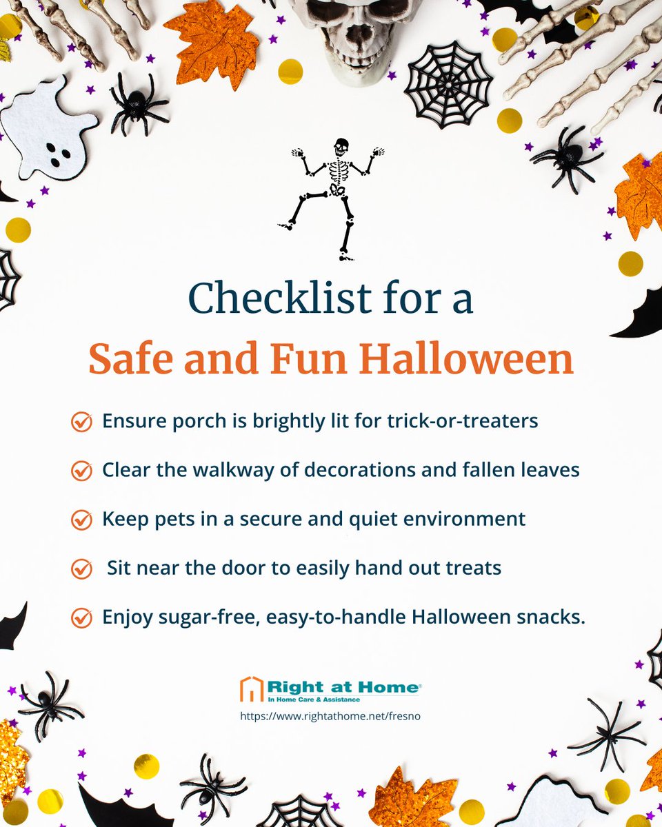 RAHFresno's tweet image. This Thursday, our streets will be filled with little witches and superheroes. For our senior residents, this can also mean hidden hazards like dark pathways and trip risks.
#Halloween #checklist #safeandfun #thursdayvibes #snacks #Senior #HomeCare #Rightathome #FresnoCA