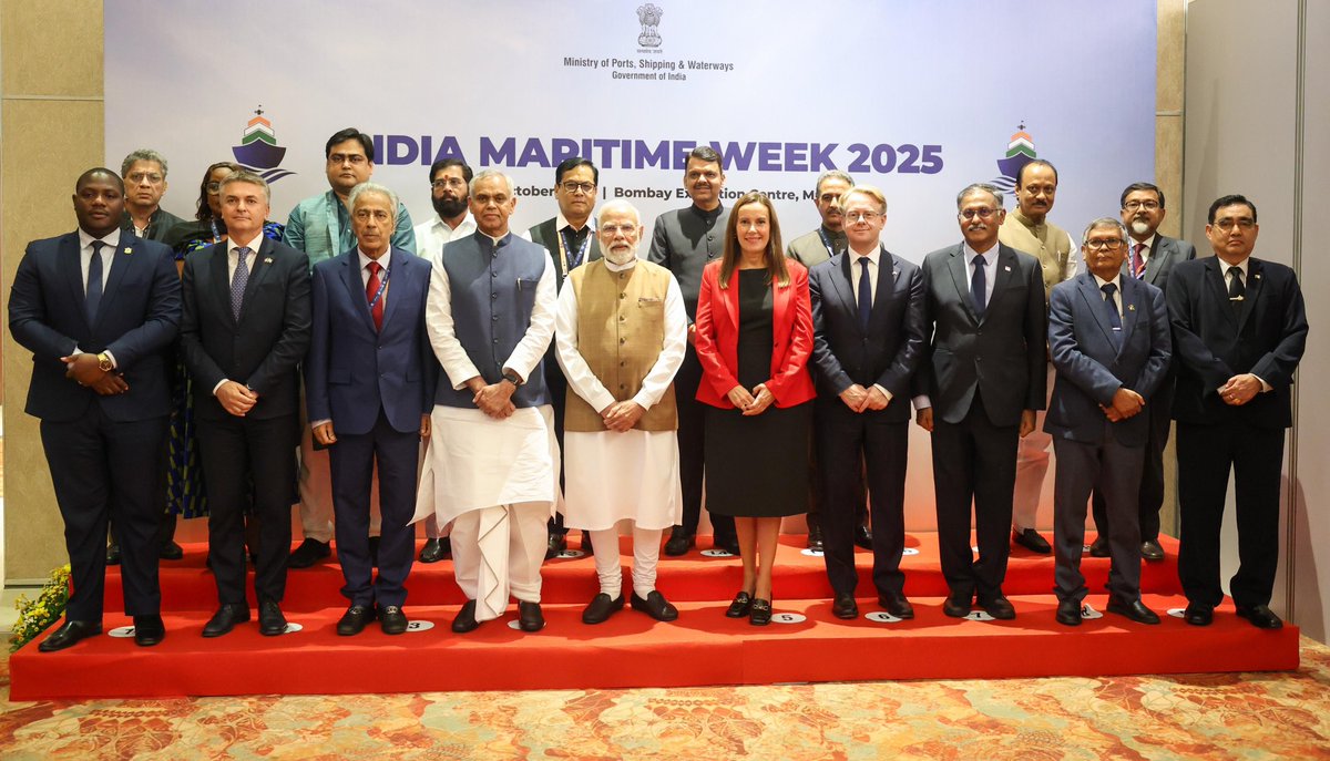 Delighted to share the stage with Hon'ble PM Shri <a href="/narendramodi/">Narendra Modi</a> ji, visiting ministers, and global CEOs at the India Maritime Week 2025 in Mumbai.

India is proud to lead the way in shaping a sustainable Blue Future.

#IndiaMaritimeWeek2025