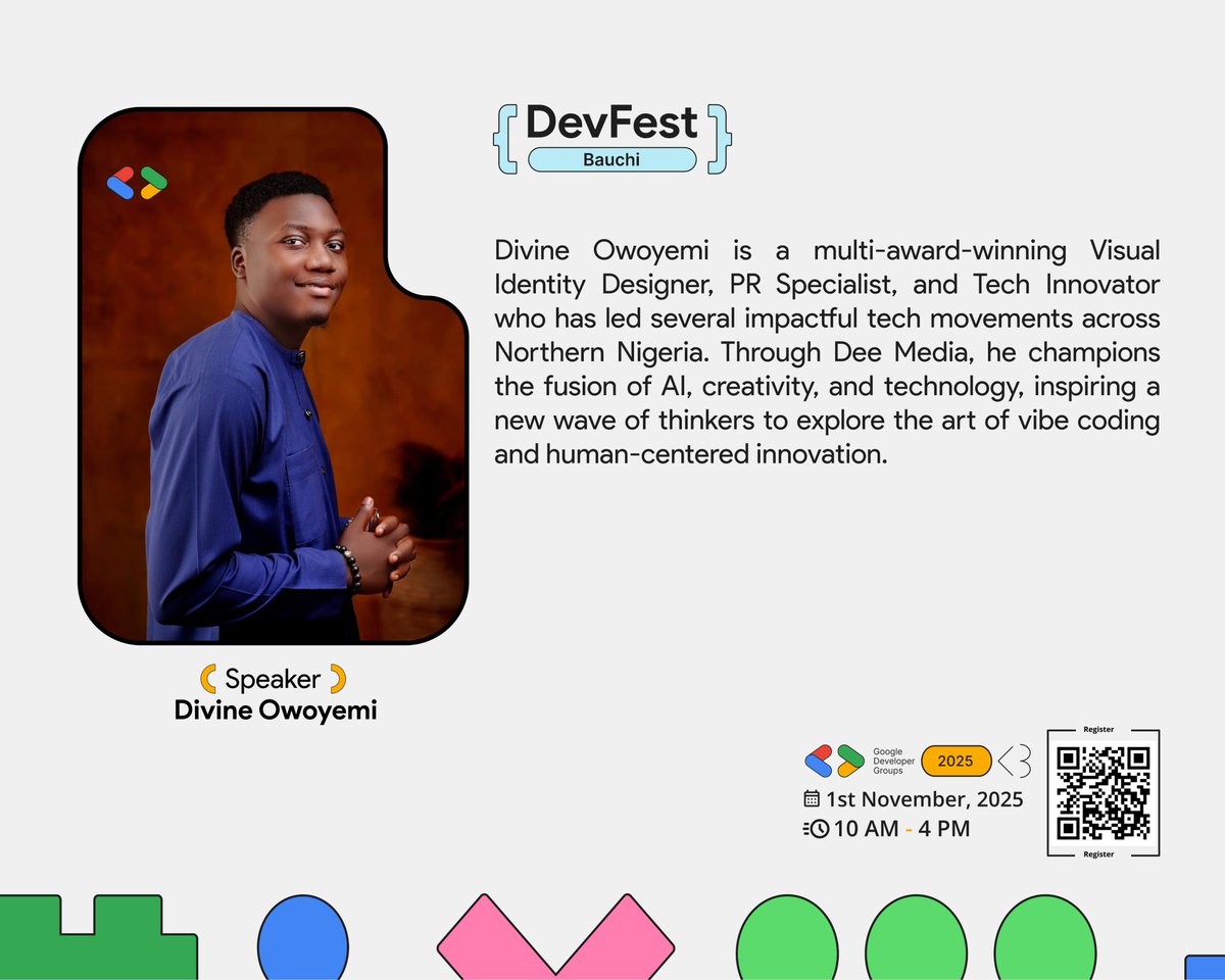 SPEAKER ANNOUNCEMENT! 🔊

We're honored to have Divine Owoyemi speaking at #DevFestBauchi 2025!

A multi-award-winning Visual Identity Designer, PR Specialist, and Tech Innovator. He champions the fusion of AI, creativity, and technology. Get ready for an inspiring session!