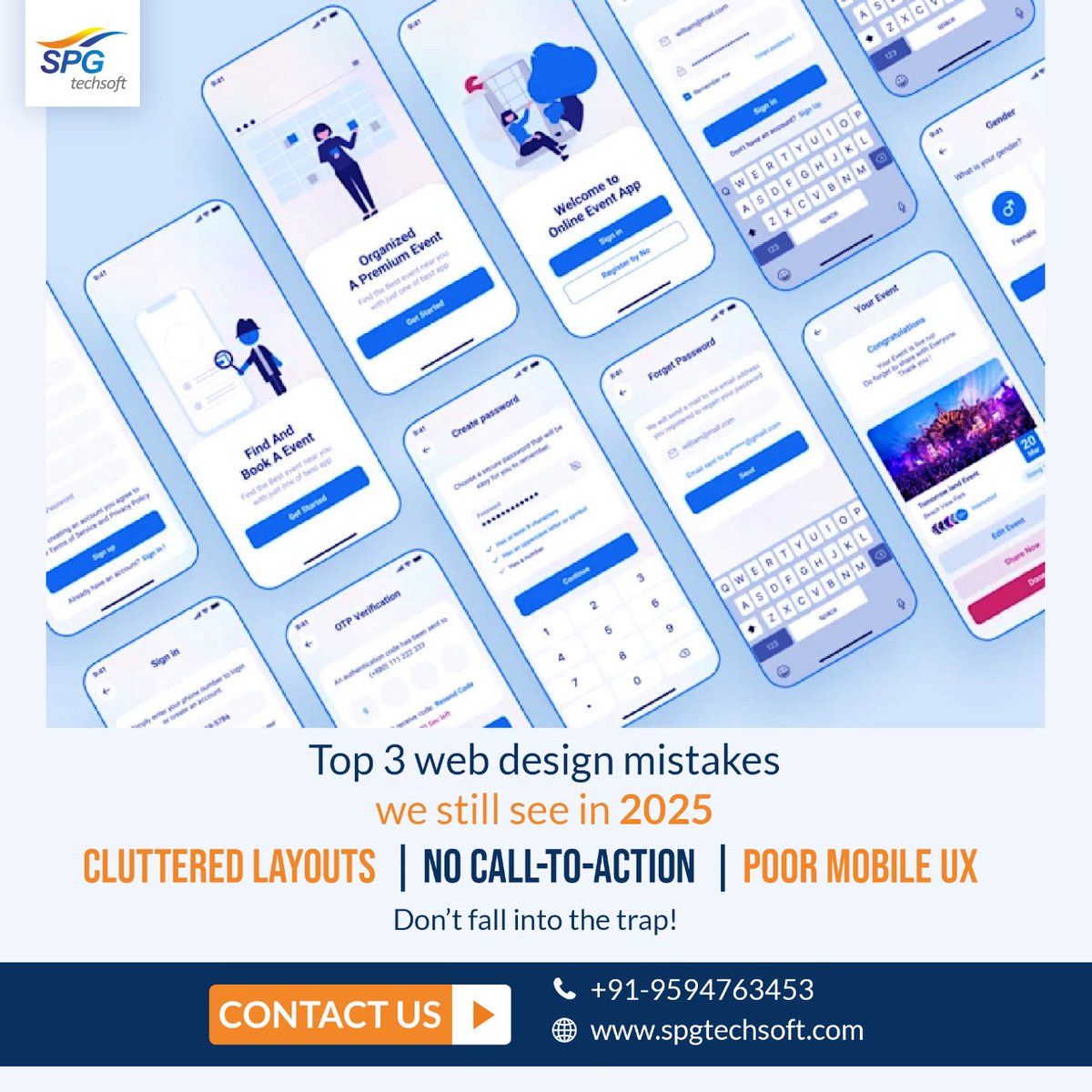 SPGTechSoft's tweet photo. Top 3 web design mistakes we still see in 2025:  Cluttered layouts  No call-to-action  Poor mobile UX. Don’t fall into the trap!

Visit for more info: https://t.co/SvyLY9v8DY

#webdevelopment #websitedesign #AppDevelopment #ecommercewebdevelopment https://t.co/fa44W0R4ZT