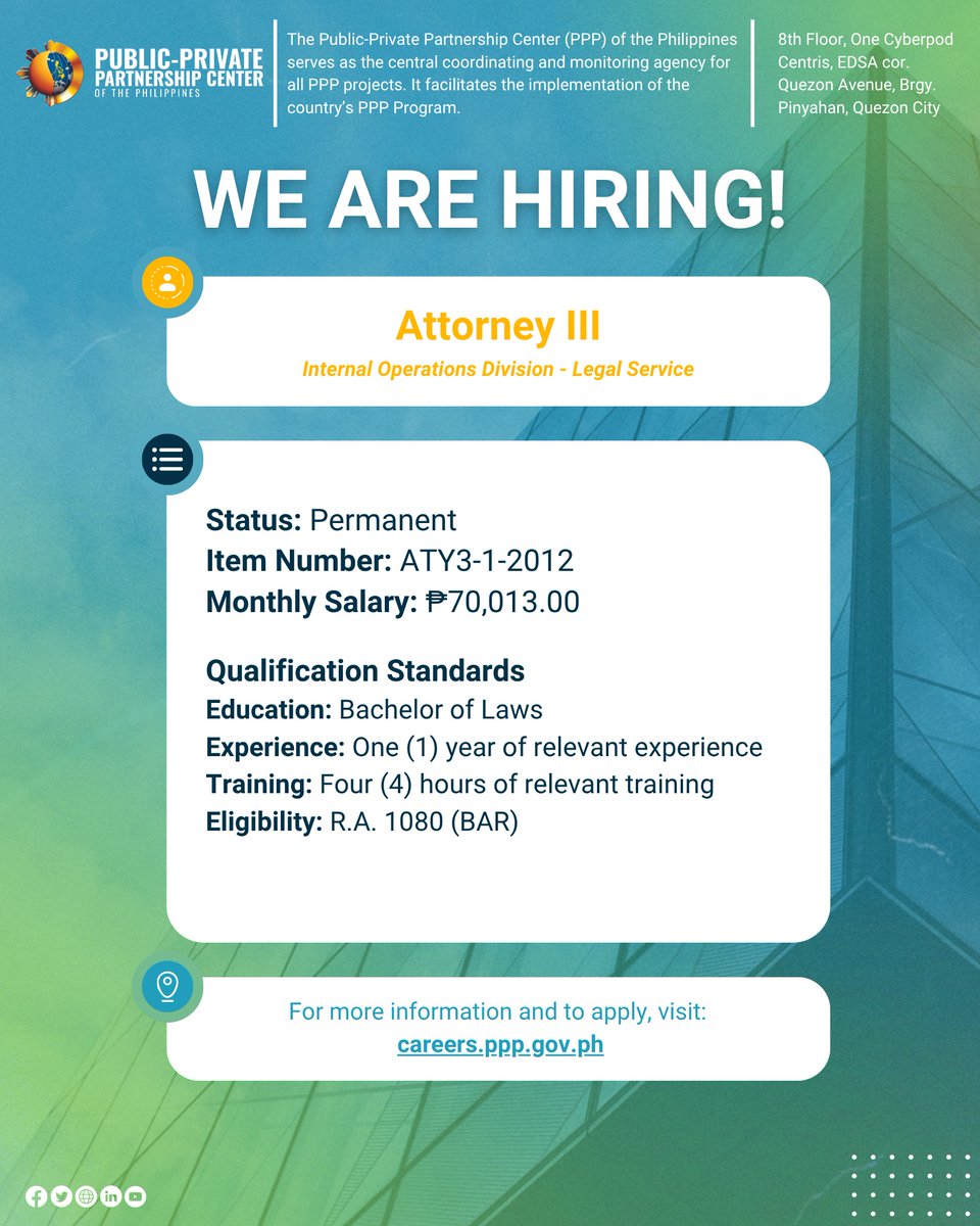[EXTENDED until November 11, 2025]

𝐖𝐄 𝐀𝐑𝐄 𝐇𝐈𝐑𝐈𝐍𝐆!

The Public-Private Partnership Center of the Philippines is accepting applications for the positions indicated below:
(𝟐) 𝐀𝐭𝐭𝐨𝐫𝐧𝐞𝐲 𝐈𝐈𝐈

For more information, visit careers.ppp.gov.ph.
