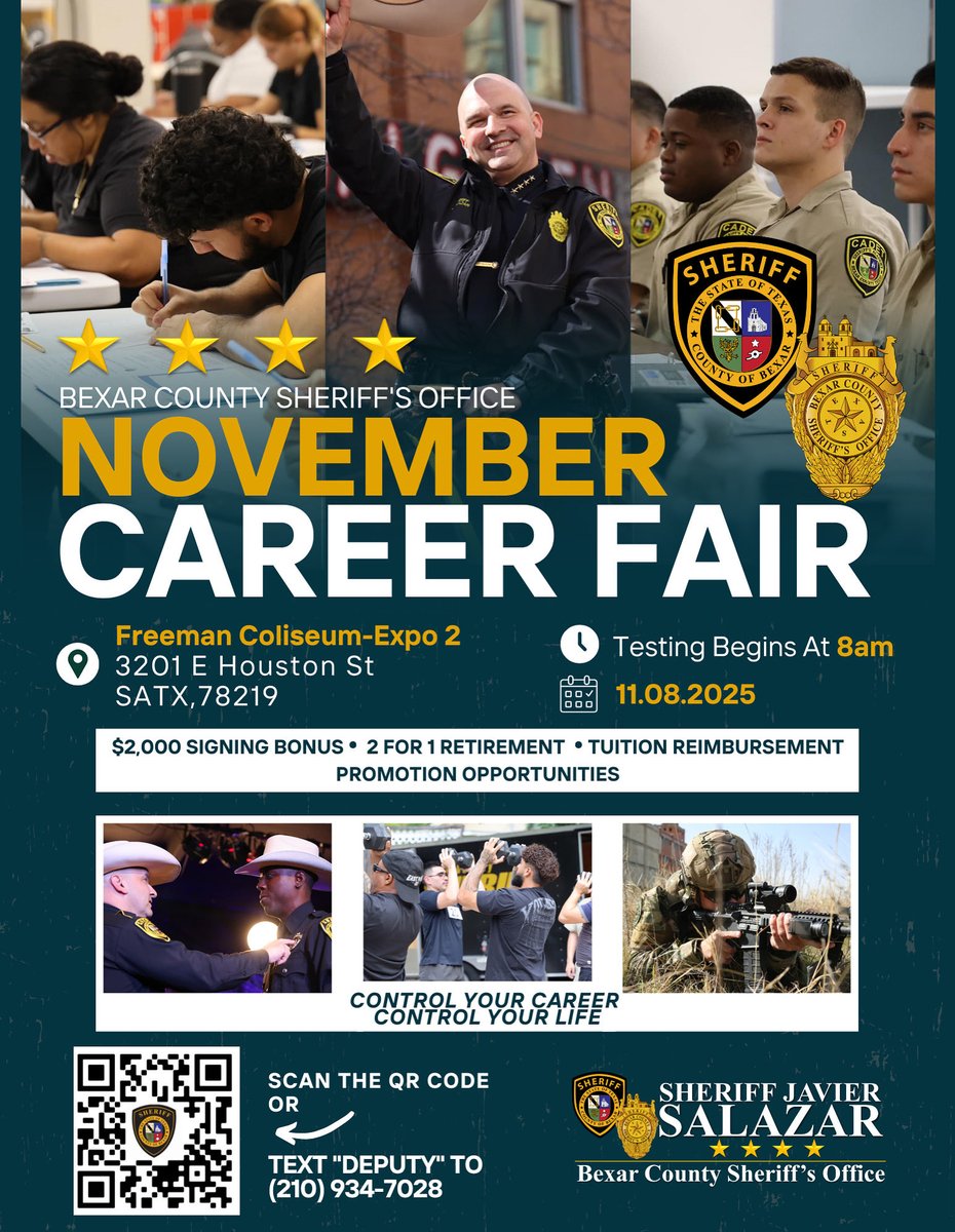 BexarCoSheriff's tweet photo. Start Your Career with the Bexar County Sheriff’s Office! 👮‍♂️

Join us for our Career Fair on Saturday, November 8, 2025, at Freeman Coliseum – Expo Hall 2
📍 3201 E. Houston St., San Antonio, TX 78219

Your future in law enforcement starts here — we can’t wait to meet you! https://t.co/DzWdmb2m6J