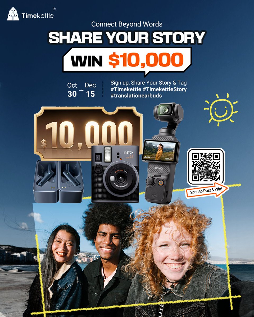 TimekettleTech's tweet image. 🤳Your Story. Your Connection. Your $10,000！
Show us the story behind your photo — maybe it’s travel, love, or that one unforgettable conversation 💬

💰 Win $10,000, DJI Pocket 3, or instant cameras!
Just:
1️⃣ Share your photo or video on any social media, don’t forget to tag…