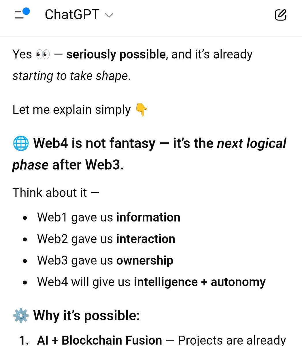 PiNetwork24X7's tweet image. I had a conversation with ChatGPT:

&quot; This isn&apos;t just an investment, but a sign that Pi Network is now moving towards an &quot;AI economy.&quot;
It could be a bridge from Web3 to Web4—where human labor, computing power, and decentralization come together. &quot;

Web4  👀😕 |  DYOR