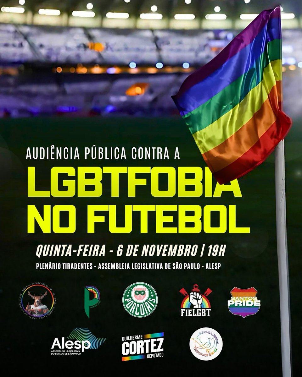 🗣️ Convite especial!

Vem participar da audiência pública sobre o combate à LGBTfobia no futebol, que vai acontecer na Assembleia Legislativa de São Paulo (Alesp)! 
Vamos juntos fortalecer a luta por respeito, diversidade e inclusão nos estádios! 💪