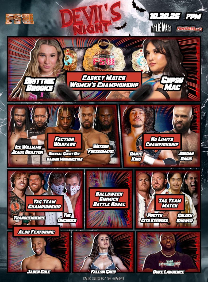 TOMORROW on <a href="/TitleMatchWN/">Title Match Network</a>!

😈 FSW Devil's Night
📅 Tomorrow, Thurs, Oct 30, 7PM
📍 FSW Arena | #LasVegas 

⚰️ Four Championship Matches, Casket Match, Halloween Gimmick Battle Royal, Faction vs. Faction + more! 

🎟️ Ticket + Streaming links in bio!