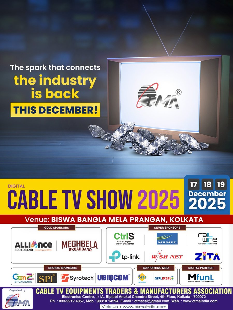 CableAsso42727's tweet photo. ✨ Stay tuned for the grandest
Cable TV celebration.
𝐂𝐨𝐧𝐭𝐚𝐜𝐭 𝐔𝐬: +91 9831014294
𝐕𝐢𝐬𝐢𝐭 𝐎𝐮𝐫 𝐒𝐢𝐭𝐞 : https://t.co/ryKI9l9fJi
#CableTVShow2025
#CTMA
#TradeShow
#DigitalCableTV
#Broadband
#tvservice
#television
#cable
#ofcnetwork https://t.co/fLTdvcXxem