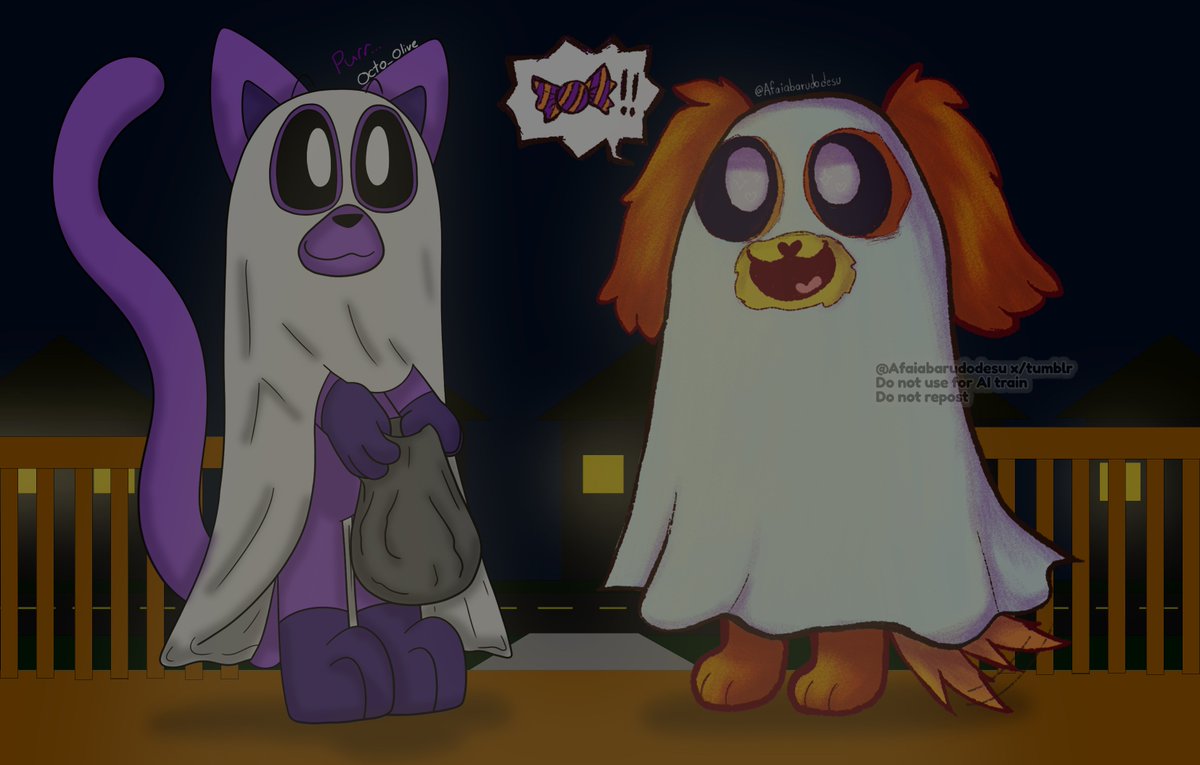 Catnap and Dogday go trick or treating. 
Dogday wants all the yummy treats, Catnap just loves to help out.
Art collab made with my awesome friend <a href="/afaiabarudodesu/">⋆⁺₊⋆ ☀Faia ☾⋆⁺₊⋆</a>, go check out their account for the second collab

#catnap #dogday #daynap #Halloween #candy