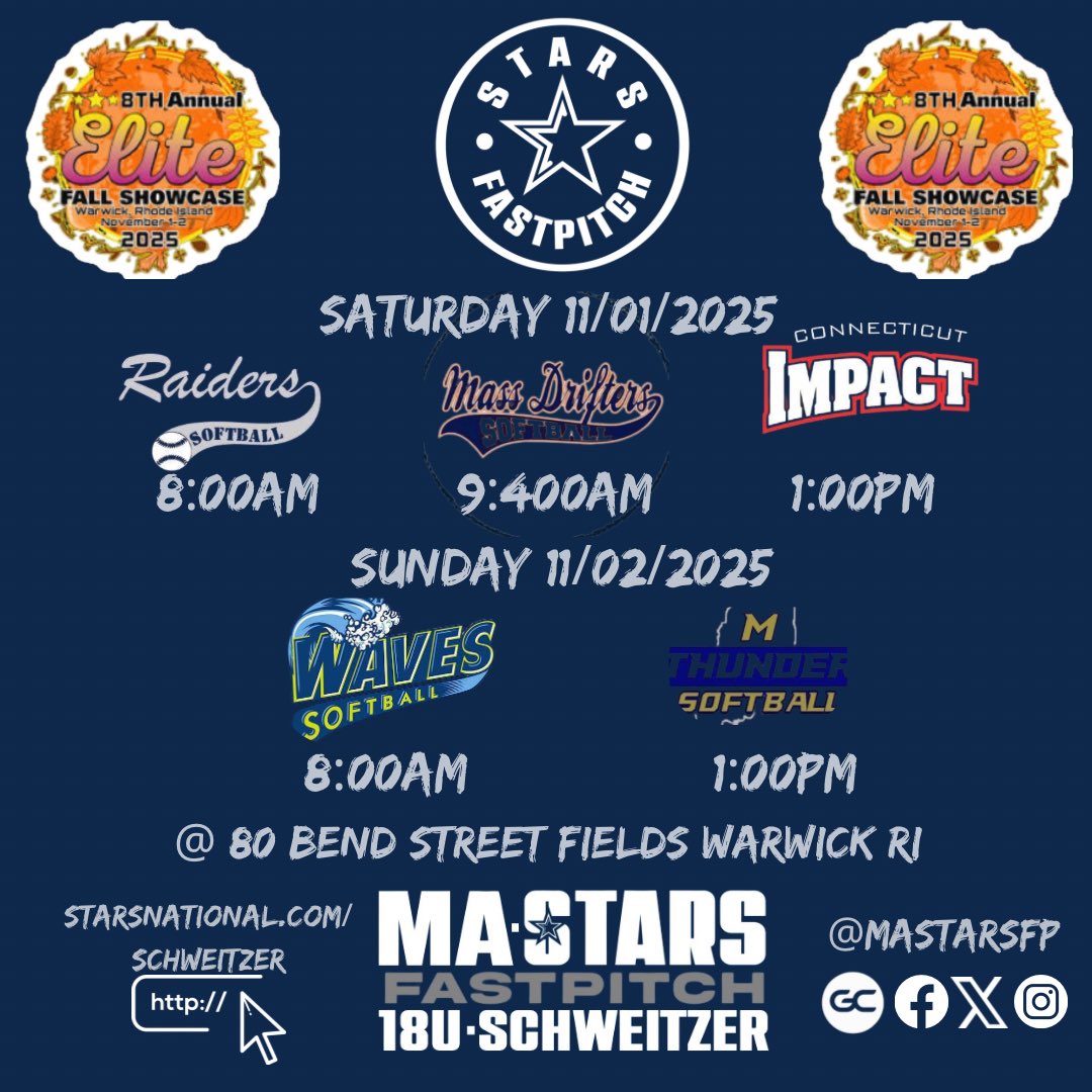 Pull Up for the last Fall Weekend of play as the 18s head to Warwick for the 8th Annual Elite Fall Showcase Weekend hosted by <a href="/BombersElite/">Bombers Elite</a>  #starsfastpitch #mastarsfastpitch #mastarsfastpitchschweitzer <a href="/starsnationalfp/">Stars Organization</a>