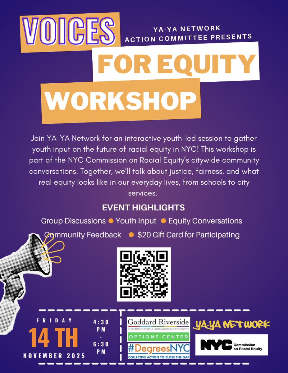 DegreesNYC's tweet photo. #DegreesNYC and the Options Center are teaming up with YA-YA Network for the Voices for Equity Workshop! Join us and share your vision for a better NYC.

📍 Nov 14 | 4:30-6:30 PM
💳 $20 gift card + food provided 🍕 https://t.co/ecnlUzXoQZ