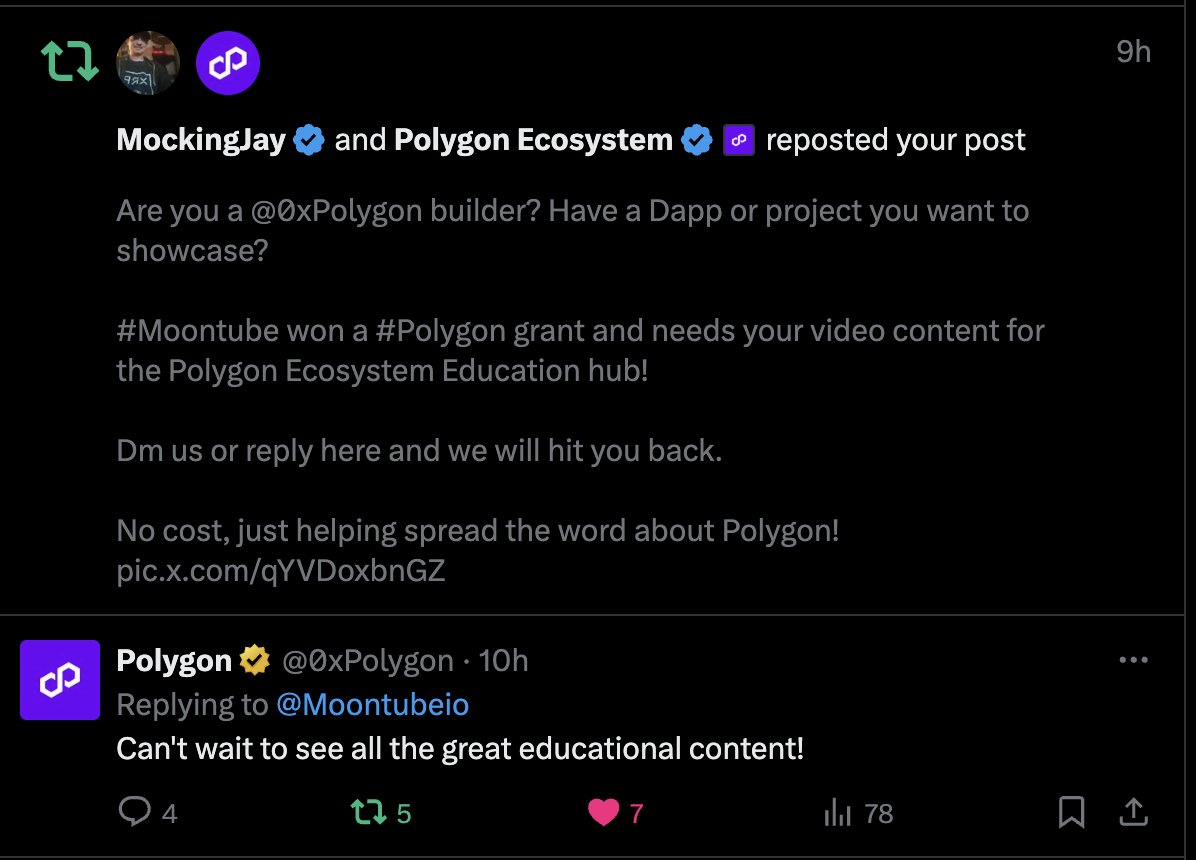 A retweet and comment from the official <a href="/0xPolygon/">Polygon</a> <a href="/0xPolygonEco/">Polygon Ecosystem</a> accounts makes the long build all worthwhile!

#Polygon education hub coming soon to #Moontube.

Any Poly builders, Dapp developers, tech lords... let's talk and get your bullishness content on the platform!