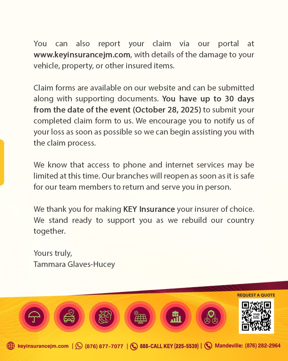 imwithkey's tweet image. If you’ve been impacted by #HurricaneMelissa, we’re here to help. 💛

To file a claim:
1️⃣ Gather info on your loss
2️⃣ Take photos/videos (if safe)
3️⃣ WhatsApp (876) 877-7077 or email info_live@keyinsuranceja.com
4️⃣ Submit via keyinsurancejm.com within 30 days

#KeyInsurance