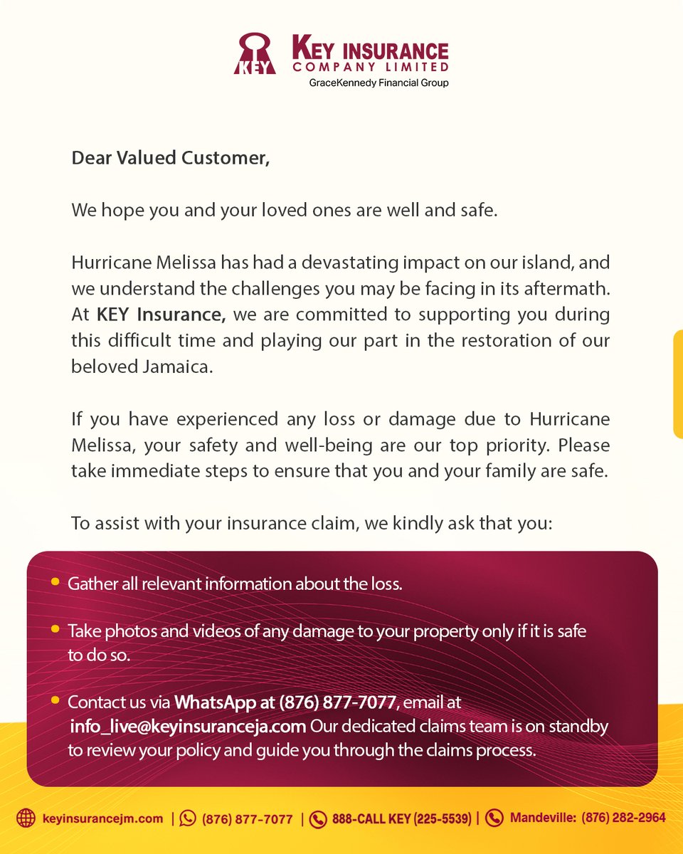 imwithkey's tweet image. If you’ve been impacted by #HurricaneMelissa, we’re here to help. 💛

To file a claim:
1️⃣ Gather info on your loss
2️⃣ Take photos/videos (if safe)
3️⃣ WhatsApp (876) 877-7077 or email info_live@keyinsuranceja.com
4️⃣ Submit via keyinsurancejm.com within 30 days

#KeyInsurance