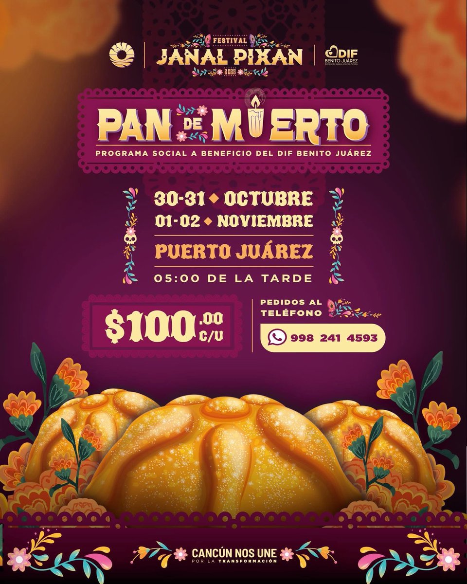🥖 Este 31 de octubre en la Plaza de la Reforma y del 30 de octubre al 2 de noviembre en Puerto Juárez, podrán disfrutar del tradicional Pan de Muerto con causa, a beneficio del <a href="/DIF_Cancun/">DIF Benito Juárez</a>.
(1/2)