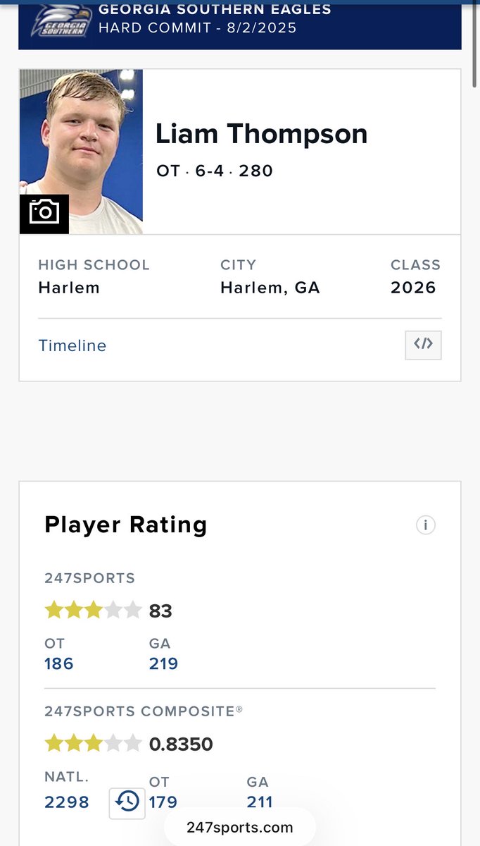 Thank you 247 for rating me!
<a href="/247recruiting/">247Sports Recruiting</a> <a href="/BSonnone/">Brendan Sonnone</a> <a href="/BoiterMark/">Mark Boiter</a> <a href="/RyanBowers22/">Ryan Bowers</a> <a href="/HarlemFootball/">Harlem Bulldogs Football</a> <a href="/RoHo2727/">Rodney Jay Holder</a> <a href="/GSCoachHelton/">Clay Helton</a> <a href="/CoachZLankford/">Zach Lankford</a> <a href="/GSBevill/">Andrew Bevill</a> <a href="/CoachRossNCSA/">Ross Newkirk</a> <a href="/RecruitGeorgia/">Recruit Georgia</a>