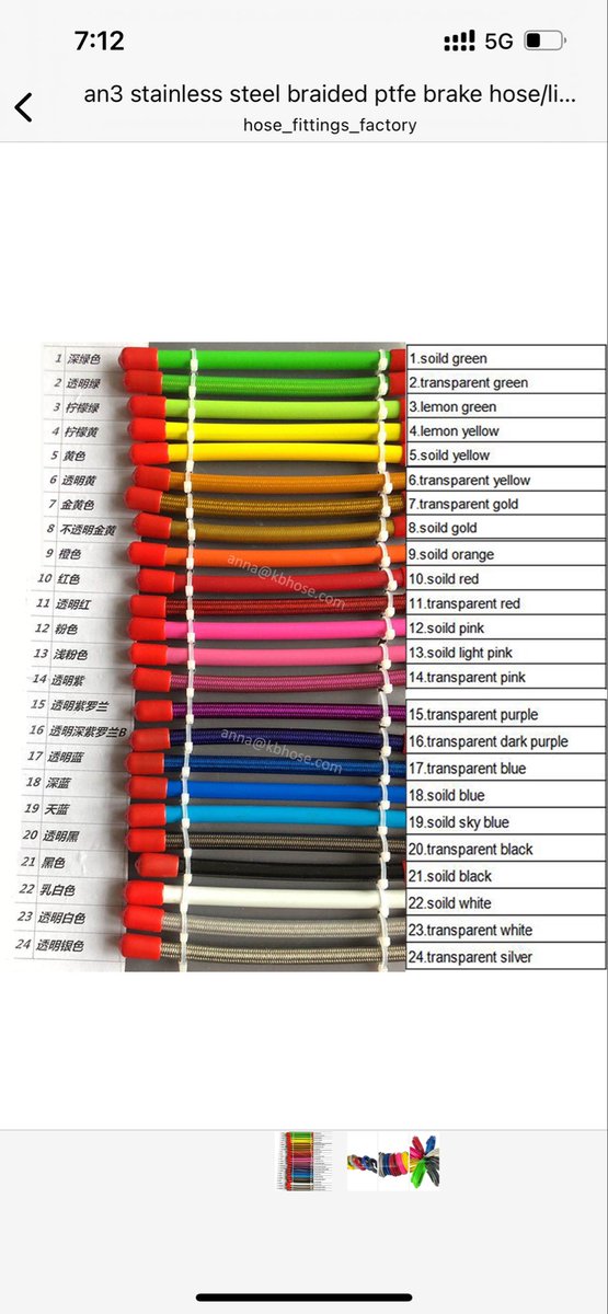 AN3 PTFE brake hose/line — colors available as shown in the chart below, can print your logo.
Custom colors are also available upon request. 🎨