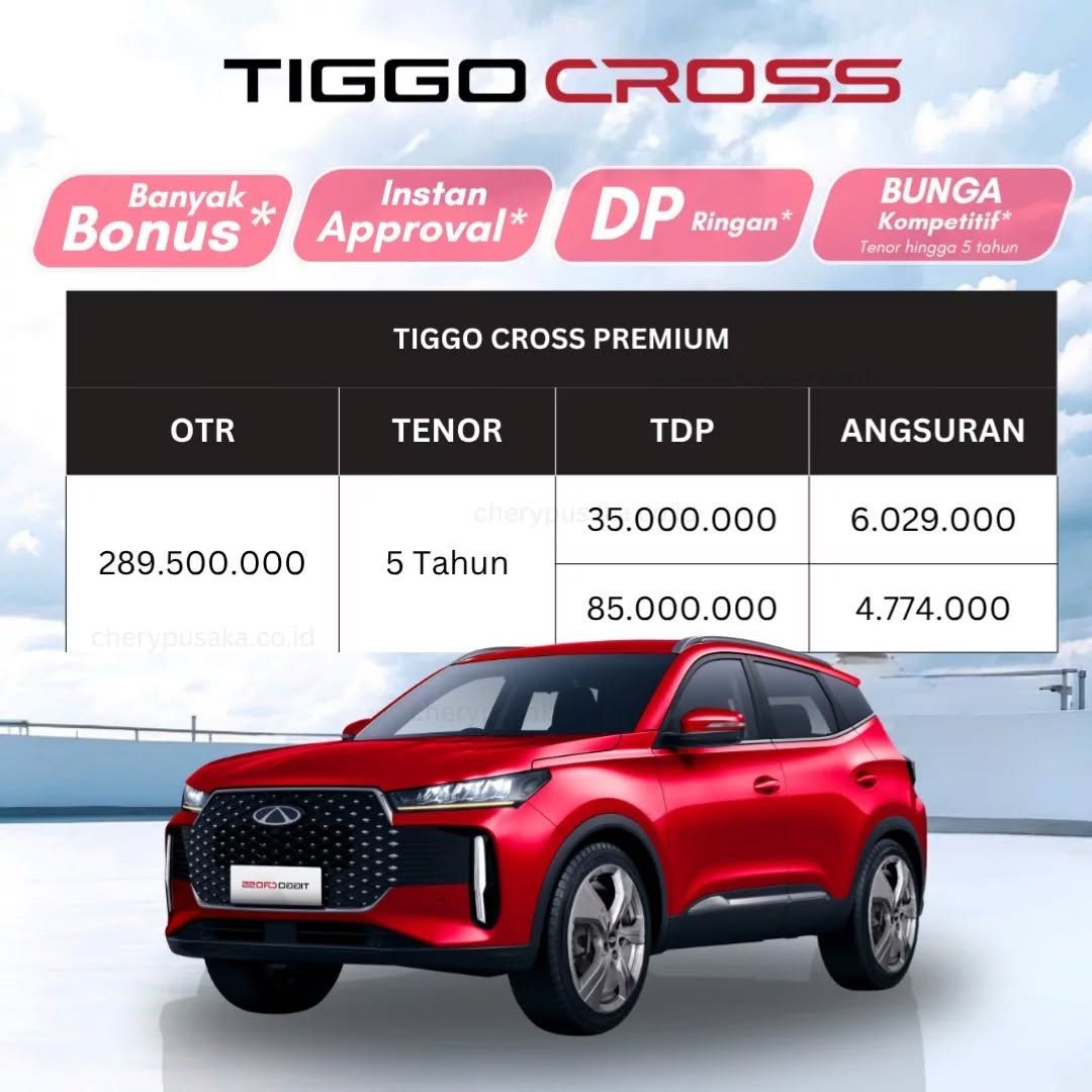 cherycibubur's tweet photo. CHERY TIGGO CROSS PREMIUM 
Tampil percaya diri dengan SUV tangguh bergaya modern dan fitur lengkap dari Chery!
Kini makin mudah punya mobil impian dengan:
💥 DP mulai 35 Juta-an
💥 Angsuran ringan mulai 4 Jutaan-an
💥 Tenor hingga … https://t.co/czALs8WW6O https://t.co/UGHlI3kd4J
