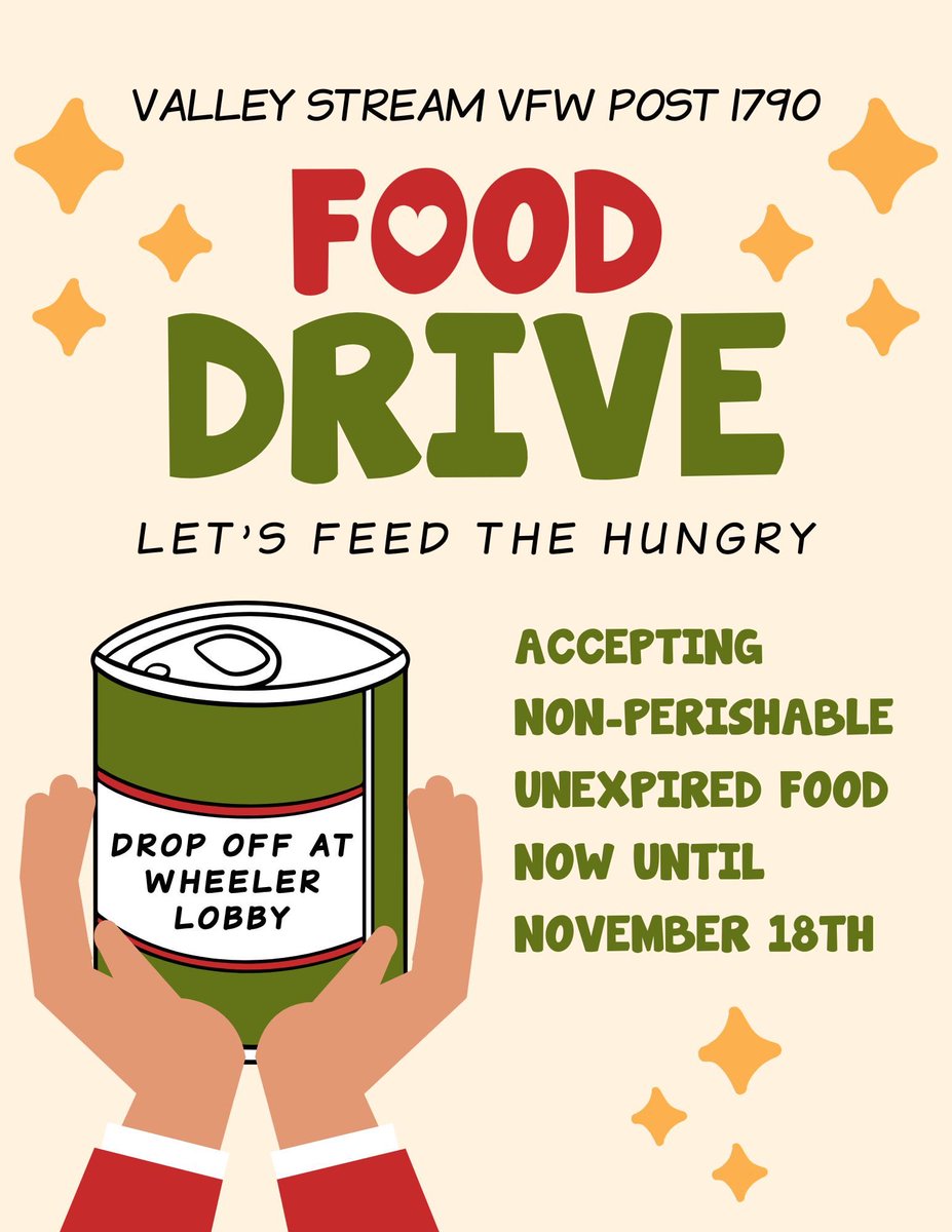 Please consider supporting the Valley Stream VFW Post 1790 Food Drive! 🍽️ We are collecting non-perishable, unexpired food items until November 18th 🥫Donations can be dropped off in the Wheeler lobby ✅ #TeamWheeler <a href="/WheelerAvenue/">Wheeler Avenue School</a> <a href="/VS13UFSD/">ValleyStream13UFSD</a>