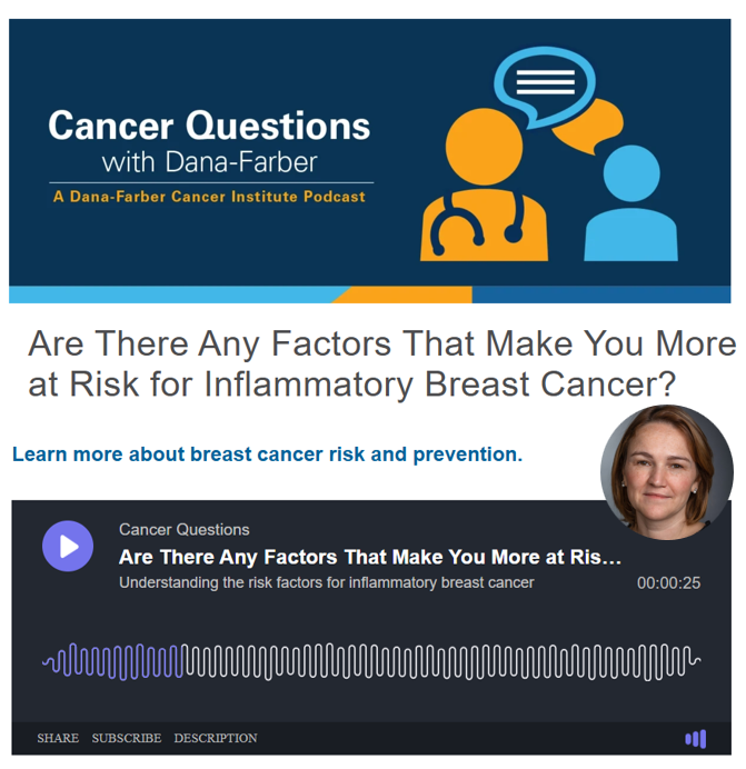DFCI_BreastOnc's tweet image. Filipa Lynce, MD, (@FilipaLynce) discusses factors linked to #InflammatoryBreastCancer and signs to watch for. #IBC often appears without a lump, with symptoms like skin discoloration, changes in breast texture, or persistent pain. 
🔊Listen here: dana-farber.org/health-library…