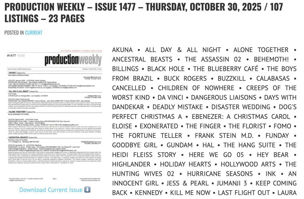 prodweek's tweet image. Production Weekly - Issue 1477 - Thursday, October 30, 2025 / 107 Listings - 23 Pages

Download Current Issue ⬇️

productionweekly.com/production-wee…