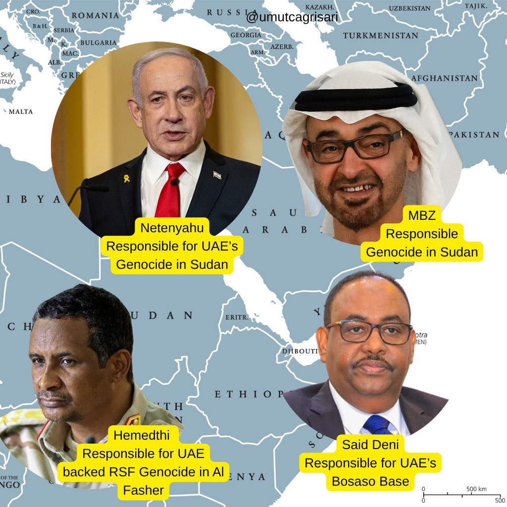 cjwerleman's tweet photo. 🚨 These are the men responsible for the genocide of Sudan, where thousands of civilians are being slaughtered by UAE-backed RSF militias.

RSF has adopted Israel’s “template for genocide” in Sudan to justify bombing hospitals, schools, mosques, and food distribution centers, according to Sudanese human rights organizations.

It’s also known that the leader of RSF - General Hemedti - has established close links with Israel’s Mossad, with the Israeli Government acting as a “powerbroker” behind the scenes to advance UAE’s efforts to steal and control Sudan’s natural resources, particularly its agricultural sector.