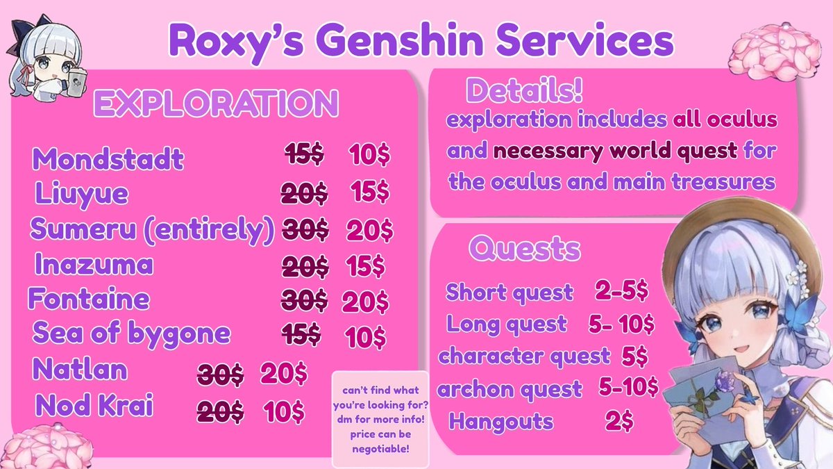 Roxxxx_xxxx's tweet photo. Genshin piloting services𝜗ৎ  

Need to keep up with genshin but too busy or overwhelmed?  I'm here to help! 𐔌՞. .՞𐦯

To avail, Dm me! DM always open with fast response<𝟑.ᐟ

More info> https://t.co/6fDgJpesxm
rts and like are appreciated!
#genshinpilot #hoyotwt #genshin https://t.co/N3vt4oJTyT