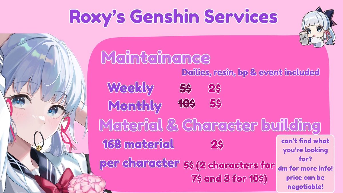 Roxxxx_xxxx's tweet photo. Genshin piloting services𝜗ৎ  

Need to keep up with genshin but too busy or overwhelmed?  I'm here to help! 𐔌՞. .՞𐦯

To avail, Dm me! DM always open with fast response<𝟑.ᐟ

More info> https://t.co/6fDgJpesxm
rts and like are appreciated!
#genshinpilot #hoyotwt #genshin https://t.co/N3vt4oJTyT