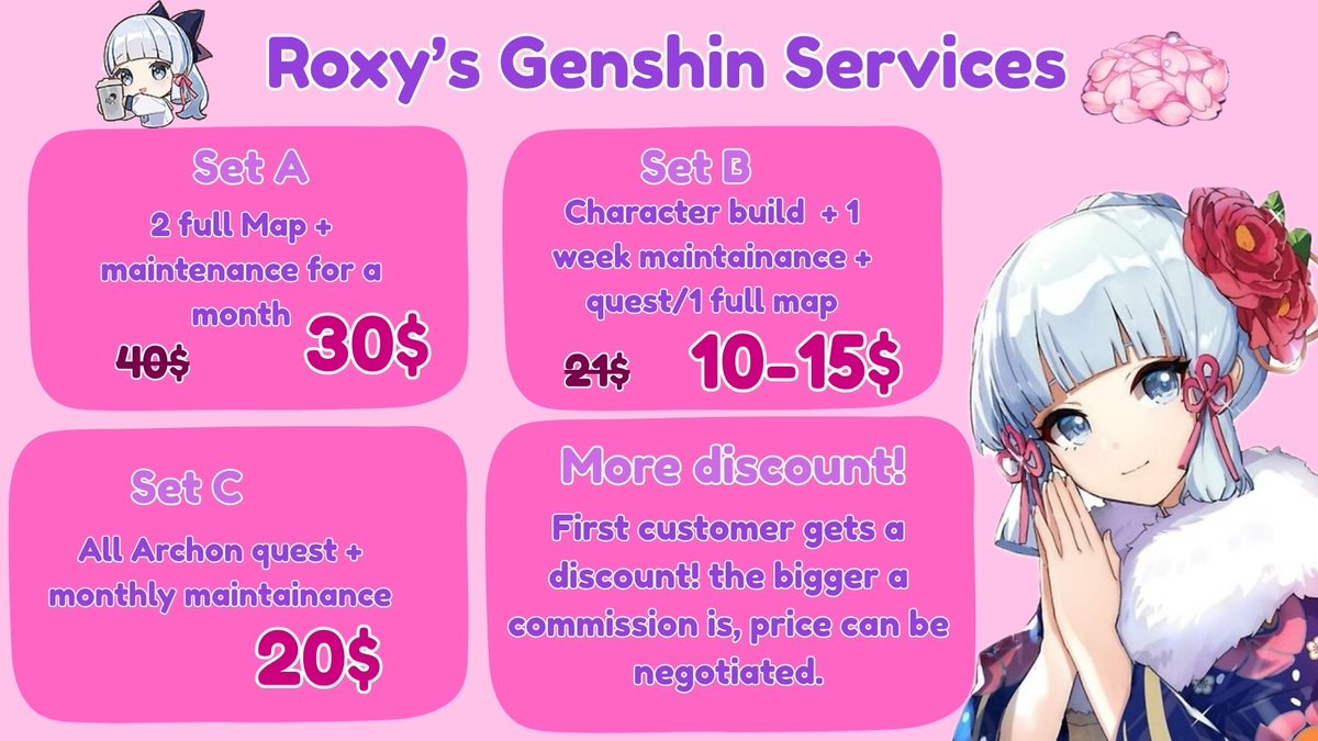Roxxxx_xxxx's tweet photo. Genshin piloting services𝜗ৎ  

Need to keep up with genshin but too busy or overwhelmed?  I'm here to help! 𐔌՞. .՞𐦯

To avail, Dm me! DM always open with fast response<𝟑.ᐟ

More info> https://t.co/6fDgJpesxm
rts and like are appreciated!
#genshinpilot #hoyotwt #genshin https://t.co/N3vt4oJTyT