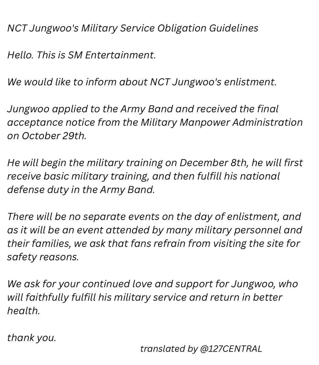 251030 [INFO] #JUNGWOO’s Military Service Obligation Guidelines

Jungwoo applied to the Army Band and received the final acceptance notice on October 29th.

He will begin the military service on December 8th, and then fulfill his national defense duty in the Army Band.

#정우