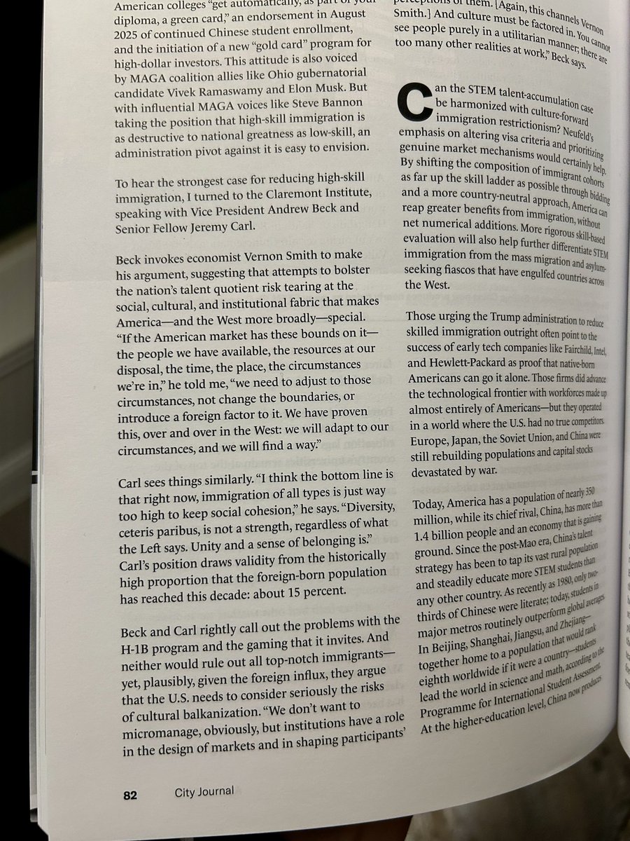 “To hear the strongest case for reducing high-skill immigration, I turned to the Claremont Institute, speaking with Vice President Andrew Beck and Senior Fellow Jeremy Carl.”

JC and I are in the latest City Journal. Online soon.