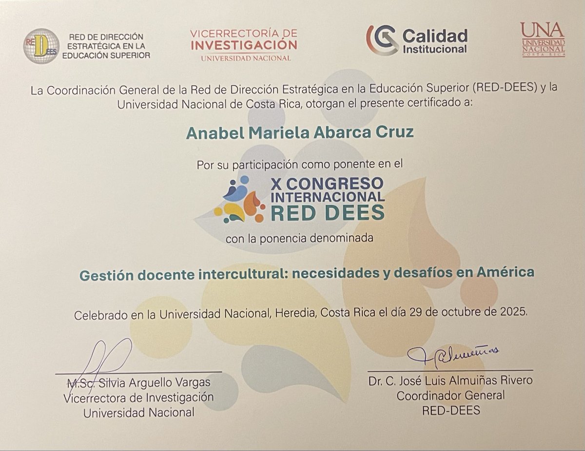 anabelabarcac's tweet photo. Es un honor, en representación de la UBE, presentar proyectos de investigación en la XV reunión internacional RED-DEES y participar como ponente en el X Congreso Internacional “La gestión de la calidad en las universidades” en la Universidad Nacional (UNA), Heredia, Costa Rica. https://t.co/d45YW42dDL