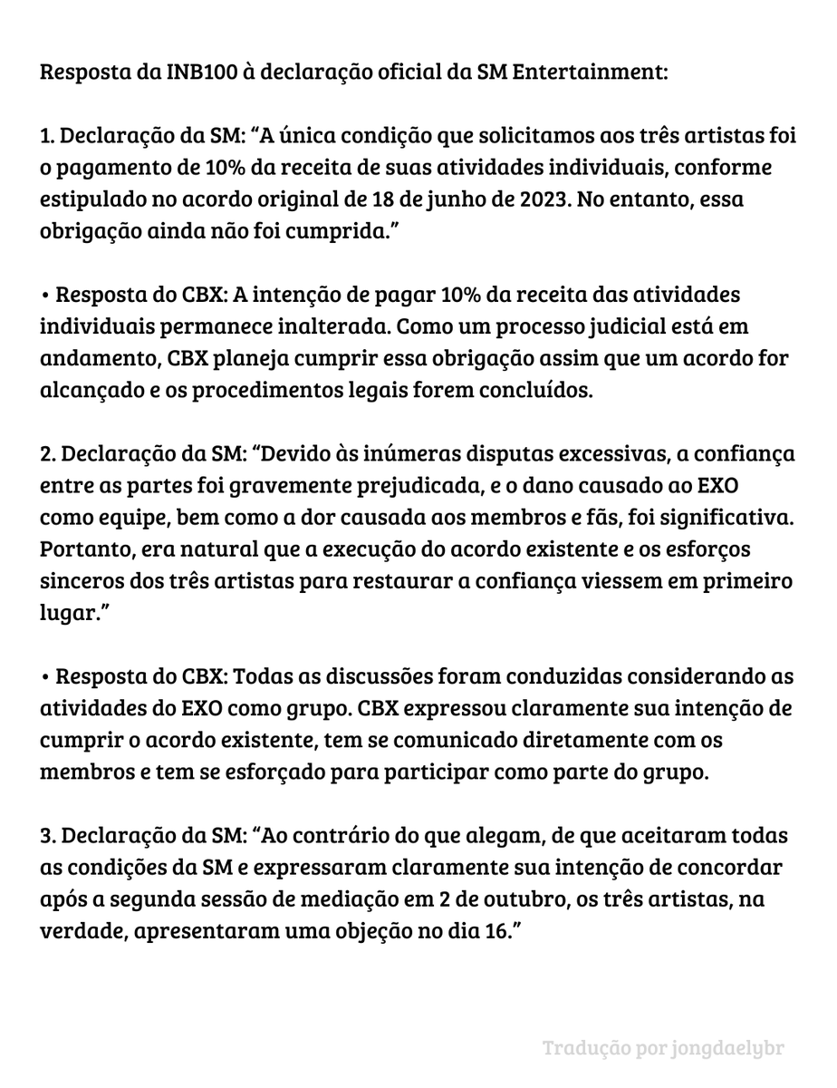jongdaelybr's tweet photo. 🚨 INB100 lançou um novo pronunciamento rebatendo as declarações da SM.

“CBX tem se comunicado diretamente com os membros e tem se esforçado para participar como parte do grupo (EXO).”

Tradução completa nas imagens. 👇

#CHEN #첸 #JONGDAE #EXO #엑소 https://t.co/lfC705lIDG