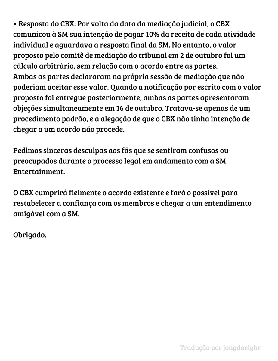 jongdaelybr's tweet photo. 🚨 INB100 lançou um novo pronunciamento rebatendo as declarações da SM.

“CBX tem se comunicado diretamente com os membros e tem se esforçado para participar como parte do grupo (EXO).”

Tradução completa nas imagens. 👇

#CHEN #첸 #JONGDAE #EXO #엑소 https://t.co/lfC705lIDG