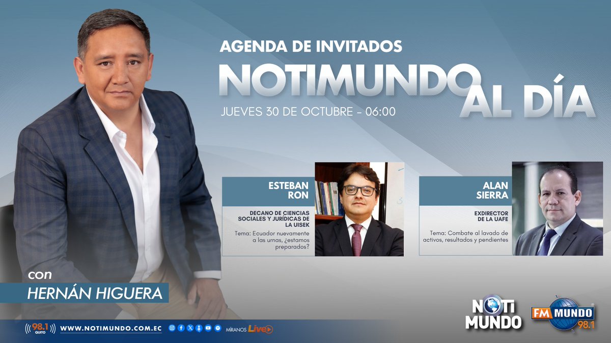 🌎 #NotiMundoAlDía | Inicia la jornada bien informado, junto a <a href="/higuerahernan/">Hernán Higuera</a>. Este jueves, en diálogo con: 

🎙️ <a href="/EstebanPRonC/">Esteban Ron Castro</a> 
🎙️ <a href="/agsierra76/">Alan Sierra</a> 

📻 98.1 FM #Quito

🌐 fmmundo.com/notimundo