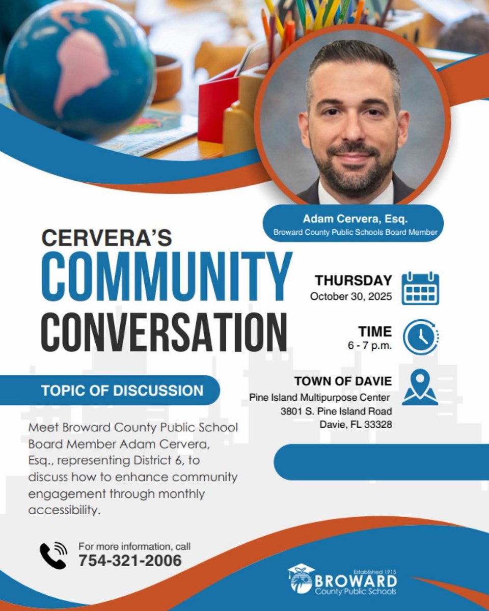 Looking forward to seeing everyone on Thursday October 30th, in the great Town of Davie, as part of my ongoing monthly “Community Conversation” initiative! All District 6 families, parents, students, educators and community members are welcome! @browardschoolsofficial #District 6