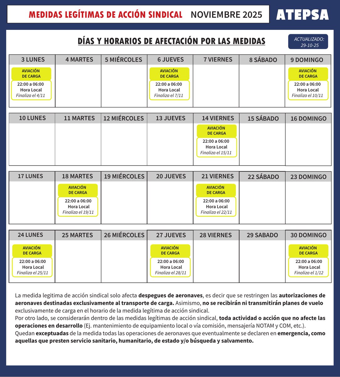 ⚠️ MEDIDAS LEGÍTIMAS DE ACCIÓN SINDICAL ⚠️

Por el incumplimiento de los acuerdos asumidos, EANA vuelve a faltar a su palabra.

A más de dos meses de la firma del acuerdo, los compromisos del Convenio Colectivo siguen sin respuesta.

🗓️ Desde el lunes 3 de noviembre comienzan las