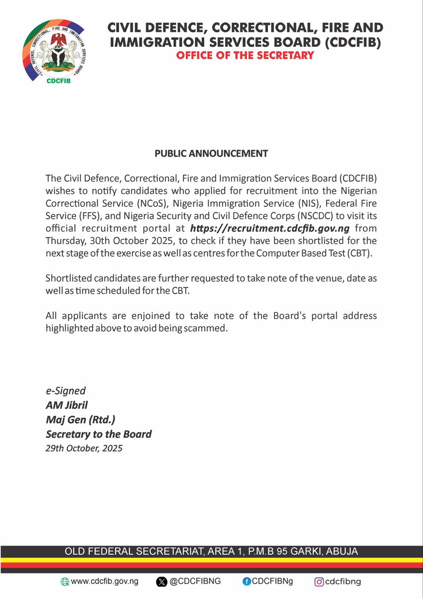 CDCFIB Recruitment Update.

Click on the link below from tomorrow to confirm your status and proceed to the next stage.

recruitment.cdcfib.gov.ng

Good luck!