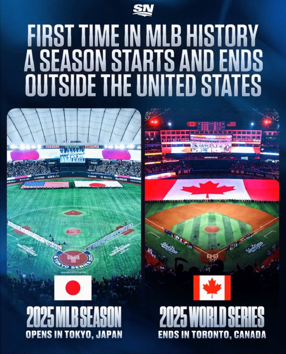 Beisbolpuro's tweet photo. COMENZÓ EN JAPÓN Y TERMINARÁ EN CANADÁ

Por primera ocasión en la historia, la temporada de las Grandes Ligas iniciará y culminará fuera de Estados Unidos.

El calendario comenzó el 18 de marzo en el Tokyo Dome de Japón, y terminará este fin de semana en el Rogers Centre de Toronto, Canadá.

#LaCasaDelRey