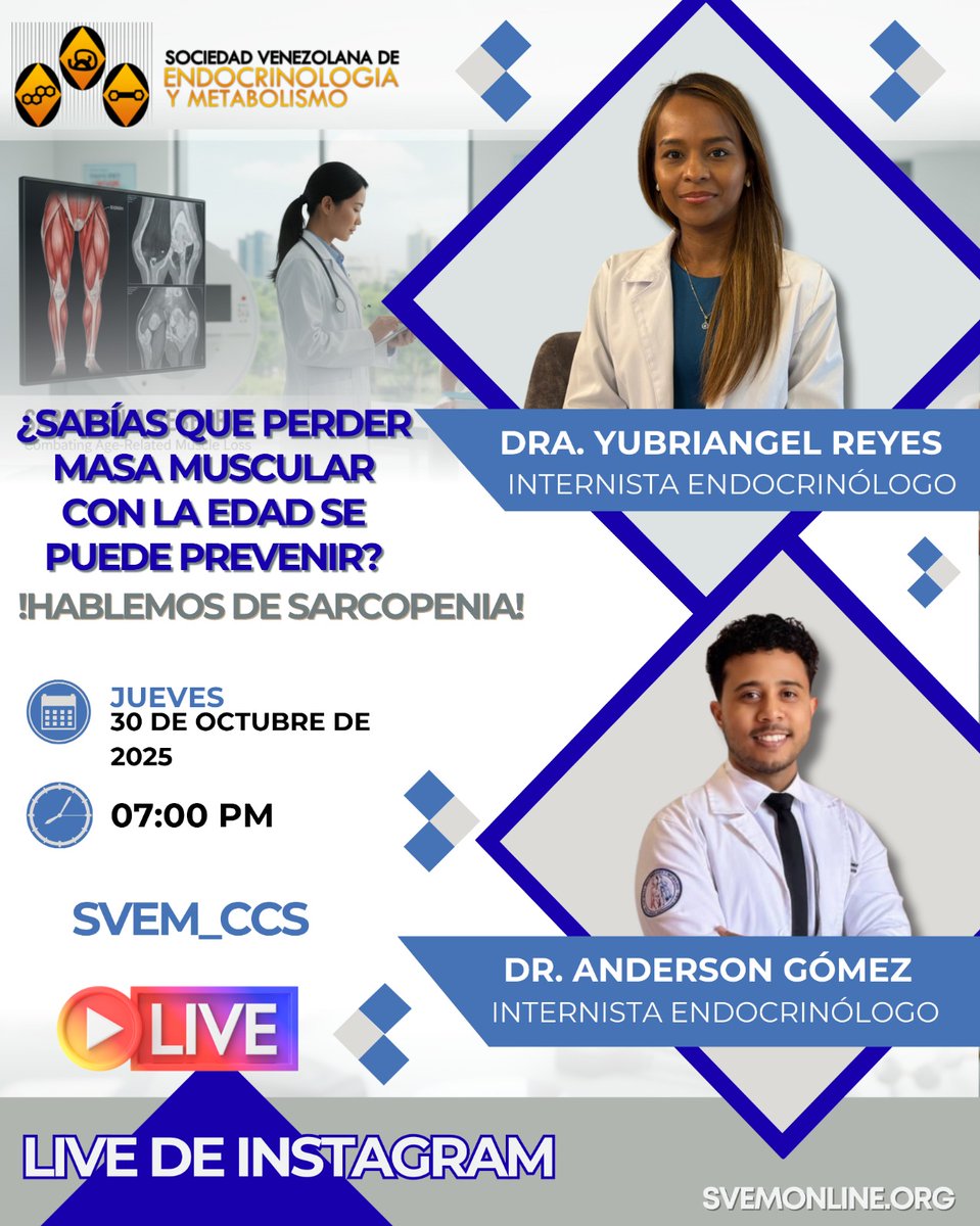 📢¡No te pierdas el Live de la semana!📢

¿Sabías que perder masa muscular con la edad se puede prevenir? !Hablemos de Sarcopenia! 

🧠 Aprende cómo detectarla, prevenirla y tratarla.

📅 Jueves 30 de octubre de 2025 
🕖 7:00 p.m. 
📍 <a href="/SVEM/">Samalie V E Musisi</a>-CCS