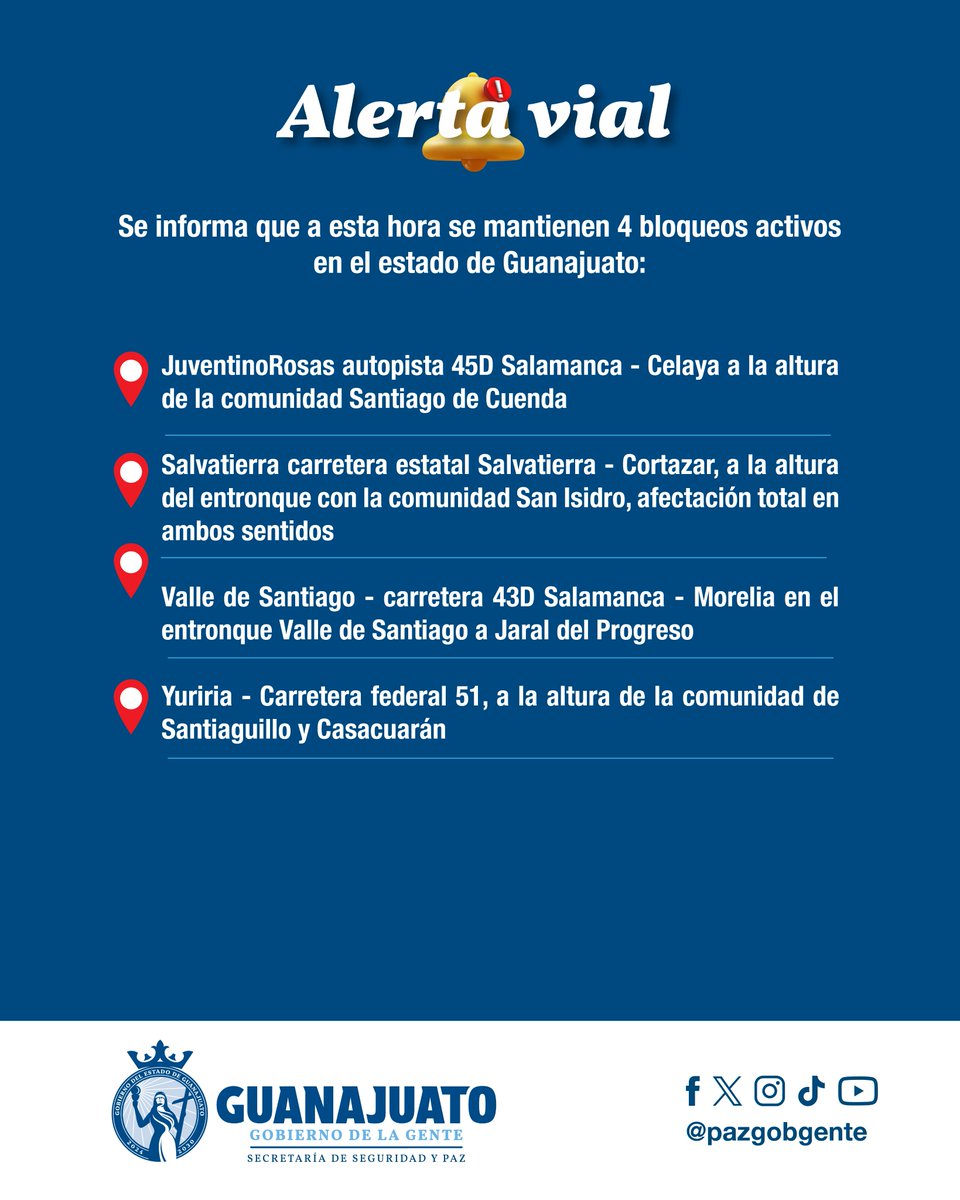 #AlertaVial 🚧  Se informa que a esta hora se mantienen 4 bloqueos activos en el estado de #Guanajuato: 

📍#JuventinoRosas autopista 45D Salamanca - Celaya a la altura de la comunidad Santiago de Cuenda
📍#Salvatierra carretera estatal Salvatierra - Cortazar, a la altura del