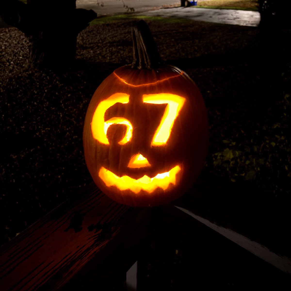 deafgeoff's tweet image. Made a “67” jack o’ lantern for some cool dad points. 🎃 Happy Halloween! 

#jackolantern #pumpkin #halloween