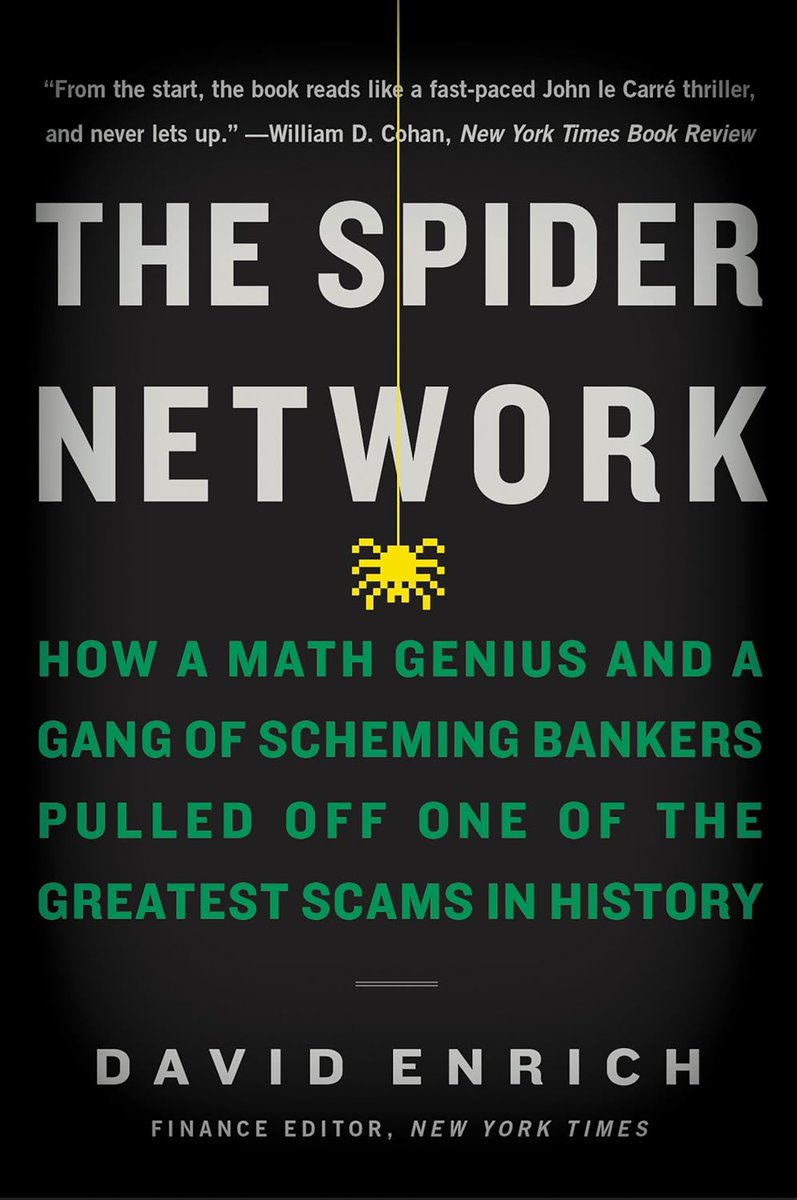 spookysilver's tweet image. book notes (52 of b)
-------------
1/8

The Spider Network
by David Enrich
@davidenrich  
(521 pgs, Published 2017)
(#booknotes from 2021)

Context:
------------
These #booknotes are not book reviews, nor book summaries. Just my high-level thoughts on the book along with some…