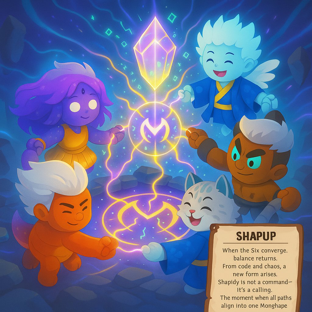 ged_ld's tweet image. When art meets code, balance awakens.”
The Six converge — light, fire, wind, steel, instinct, and mind — forging one Monshape.
From chaos, harmony. From fragments, form. 💜⚡
#Monshape #FanArt #MainnetArc #ShapUp
@Monshape