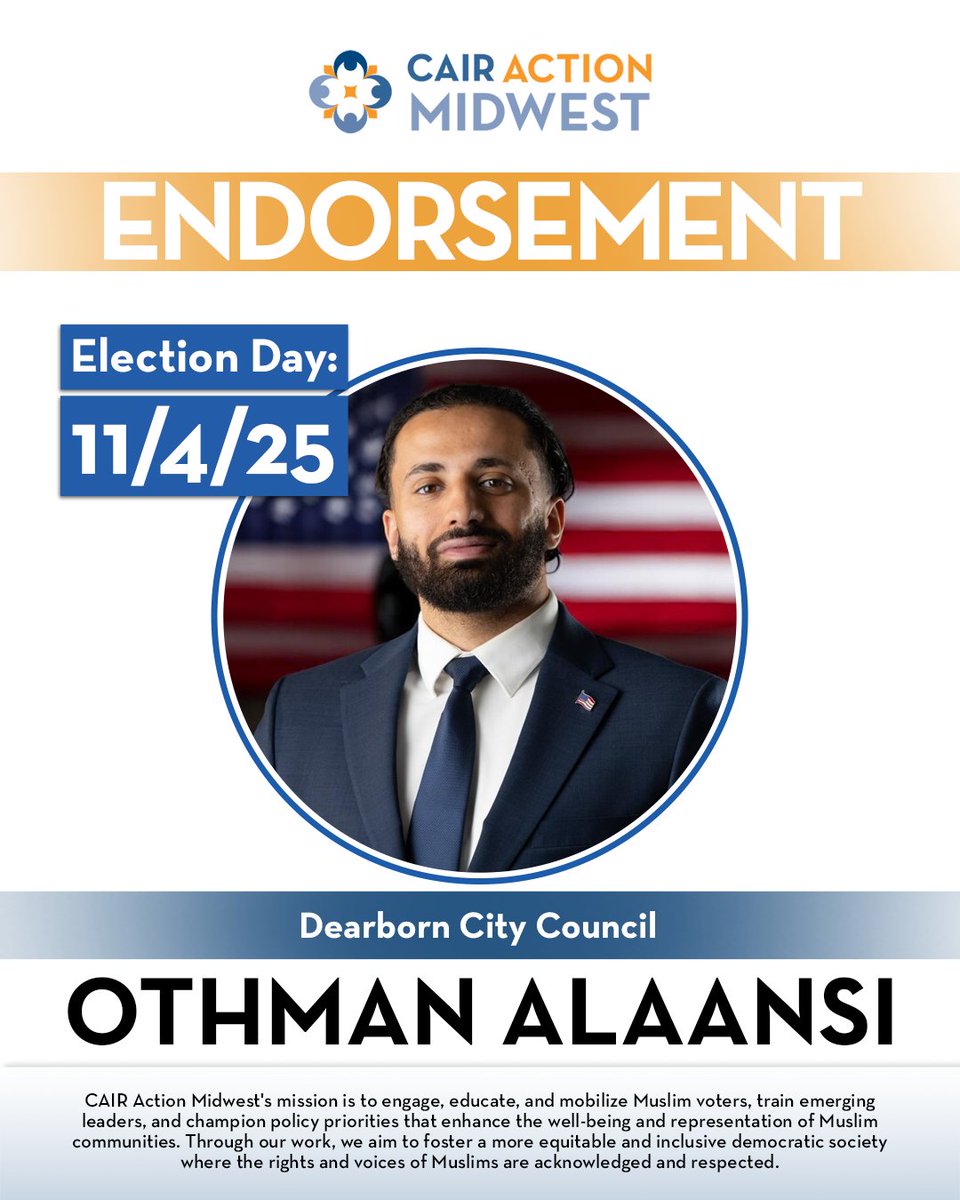cairactionmw's tweet photo. We’re proud to endorse Othman Ali Alaansi for Dearborn City Council! 
Othman is a passionate community advocate ready to bring new energy and inclusive leadership to city government.
@othmannnn_ @CAIRAction https://t.co/kXVf67C38z