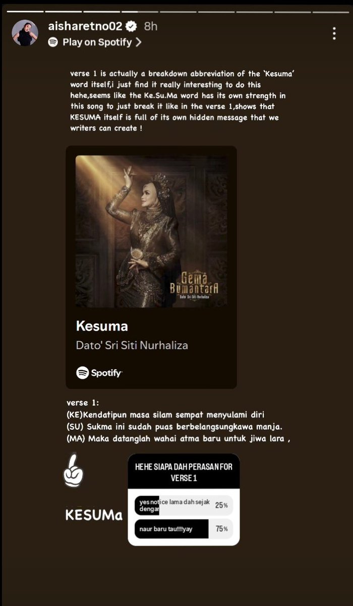 faezahsaad's tweet image. Team #Kesuma, rupanyaa Aisha Retno dah bagi hint perkataaan (KE)(SU)(MA) melalui verse 1 Kesuma.

(KE) Kendatipun masa silam sempat menyulami diri,
(SU) Sukma ini sudah berbelasungkawa manja,
(MA) Maka datanglah wahai atma baru untuk jiwa lara.

#Teambarutahu #GemaBumantara