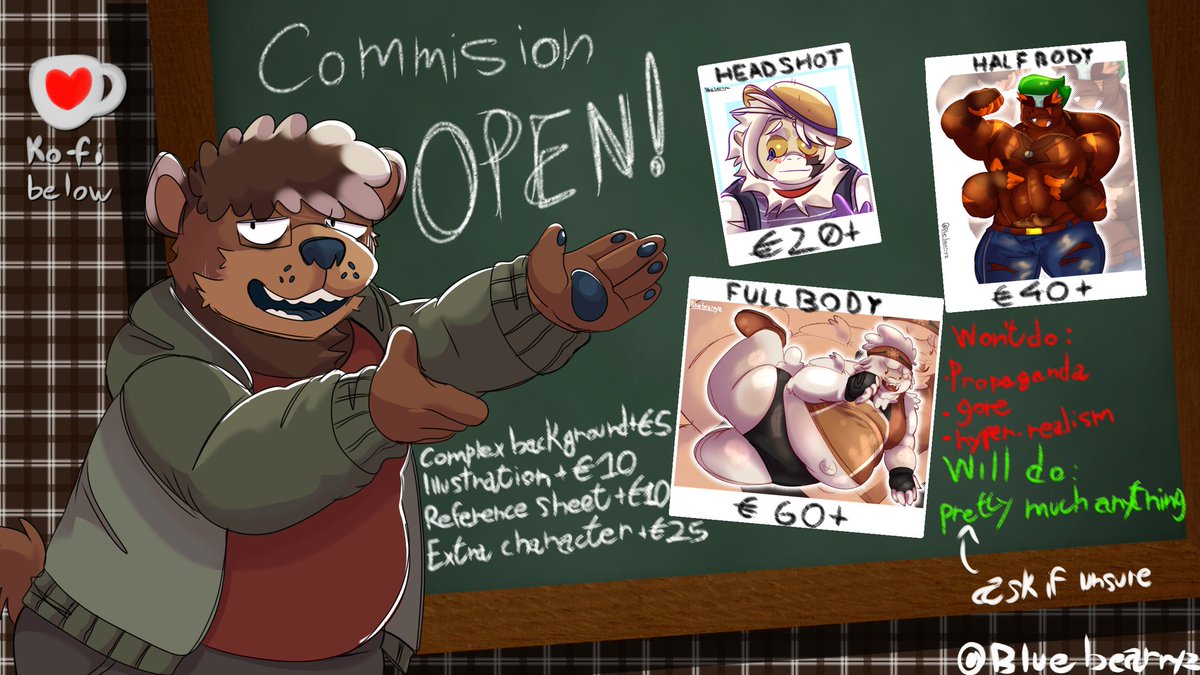 Bluebearryz_'s tweet image. Remade my sheet just because the old one was very outdated 

C0mms open! I will draw pretty much anything (that isnt in the won't do list) and I don't have slots! Anyone can c0mm me anytime they want until theyre open! So bring it in, and make sure I can afford gr0ceries.