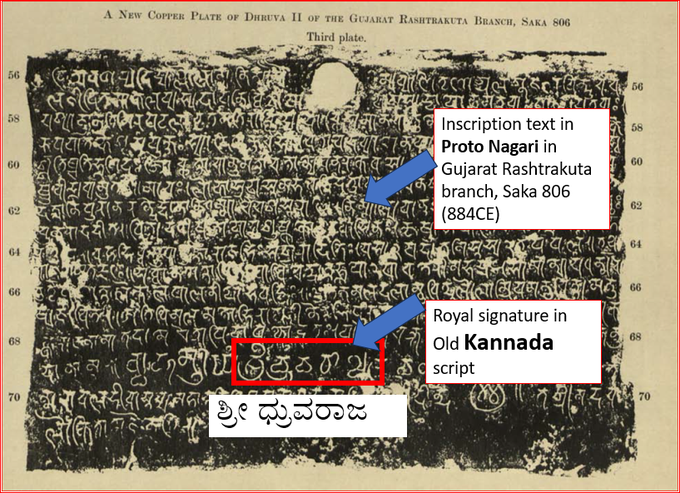 ರಾಷ್ಟ್ರಕೂಟರ ಗುಜರಾತ್ ಕವಲಿನ ಕಿಸುವೊನ್ನು(ತಾಮ್ರ) ಹಲಗೆ ಶಾಸನ (ಬಾಂಬೆಯ ಸಾಂತಾ ಕ್ರೂಜ್‌ನಲ್ಲಿ ಕಂಡುಬರುತ್ತದೆ) ಮೂಲ ನಗರಿ ಅಕ್ಷರಗಳಲ್ಲಿದೆ. ಆದರೆ ರಾಜ ಸಹಿ ರಾಷ್ಟ್ರಕೂಟರ ಕಾಲದ ಹಳೆಯ ಕನ್ನಡ ಅಕ್ಷರಗಳಲ್ಲಿ ಇದೆ. 

ಸೆಲೆ: ಎಪಿಗ್ರಾಫಿಯಾ ಇಂಡಿಕಾ, ಸಂಪುಟ 22 (1933-34)