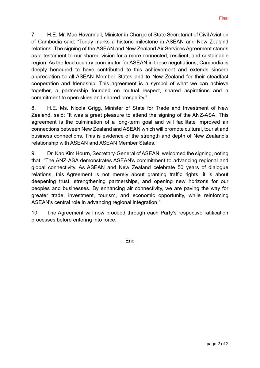🇳🇿 New Zealand and ASEAN signed the ASEAN-New Zealand Air Services Agreement (ANZ-ASA) to strengthen regional connectivity and celebrate 50 years of Dialogue Relations.

#NZASEAN50

Read the full Joint Statement here ➡️