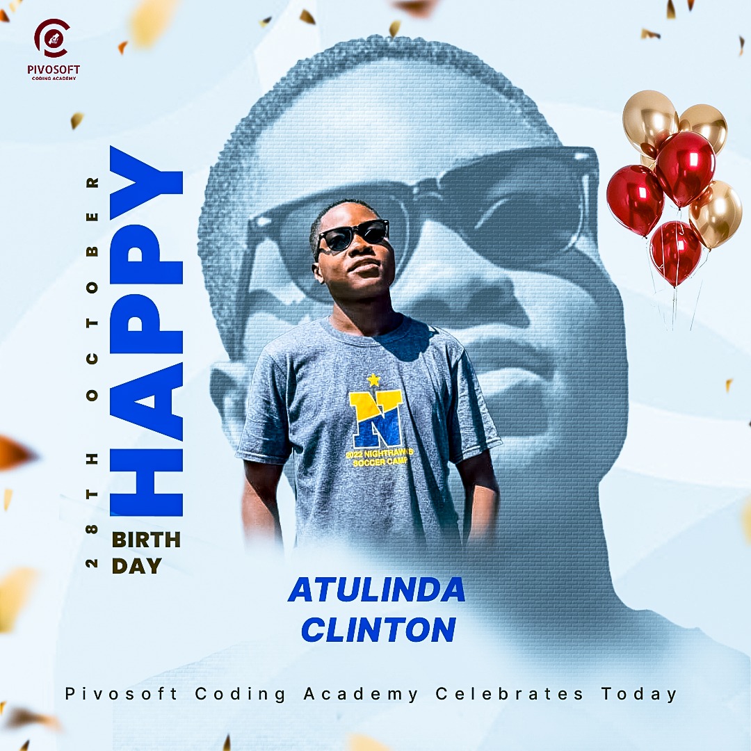 Clinton’s passion for building software to transform Uganda’s technology landscape is remarkable.
Today is his birthday, and we celebrate him at Pivosoft Coding Academy. Here’s to many more years of creating solutions that not only drive change but also inspire generations.