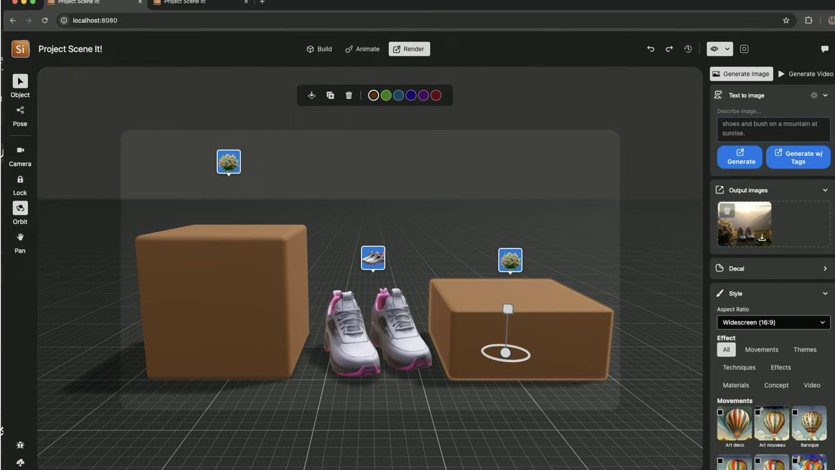 clockmaker's tweet image. Project Scene It!
3Dエディター上でプロンプトへの指示を書ける技術。
スニーカーの隣に直方体を配置し、写真の花を指示すれば、立派な3Dの静止画ができあがる。
#ProjectSceneIt #AdobeMAX